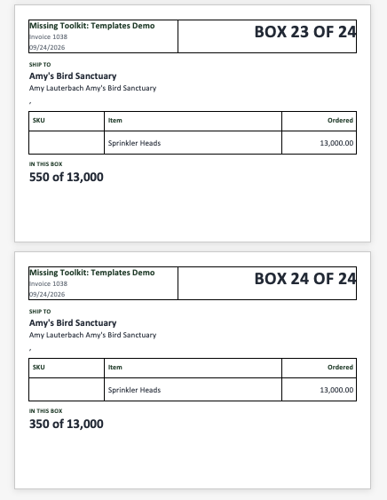 Finished 4 by 6 box labels reading Box 1 of 24 and Box 24 of 24, with the quantity in each box, the SKU and the ship-to address