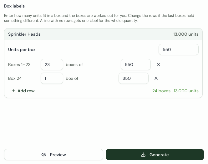 The Box labels section of the generate sheet, splitting 13,000 units at 550 per box into 23 boxes of 550 and one of 350