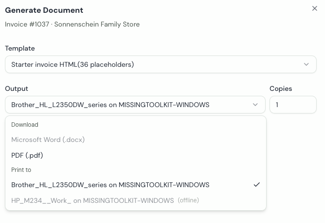The Output menu in the generate sheet, with Word and PDF under Download and the team's printers under Print to