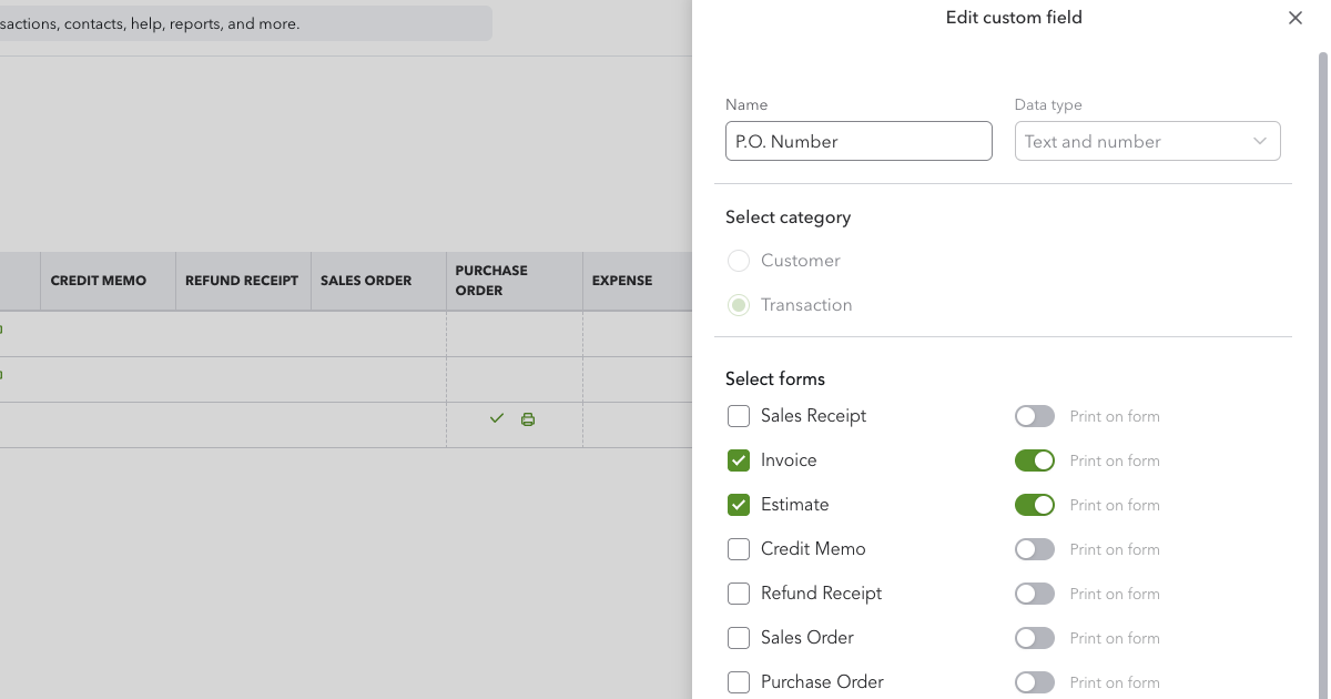 Adding a custom field named P.O. Number in QuickBooks Online settings