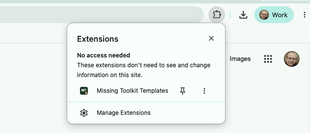 Pinning an extension from the Chrome Extensions menu