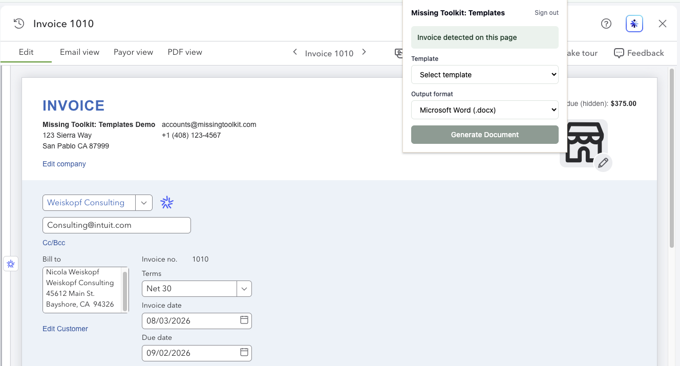 The Missing Toolkit Templates Chrome extension open over a QuickBooks Online invoice