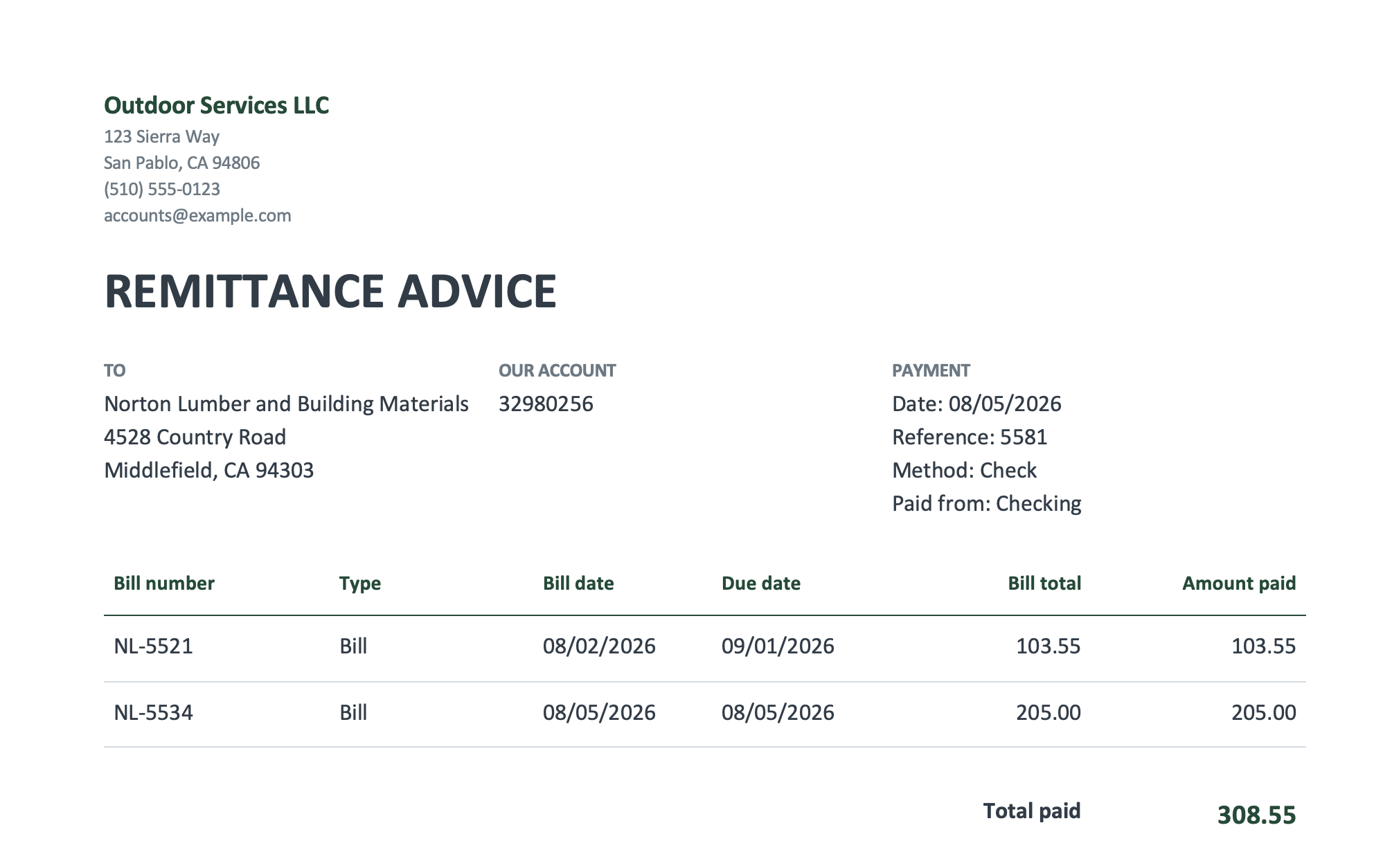 A remittance advice listing two vendor invoices paid in one payment