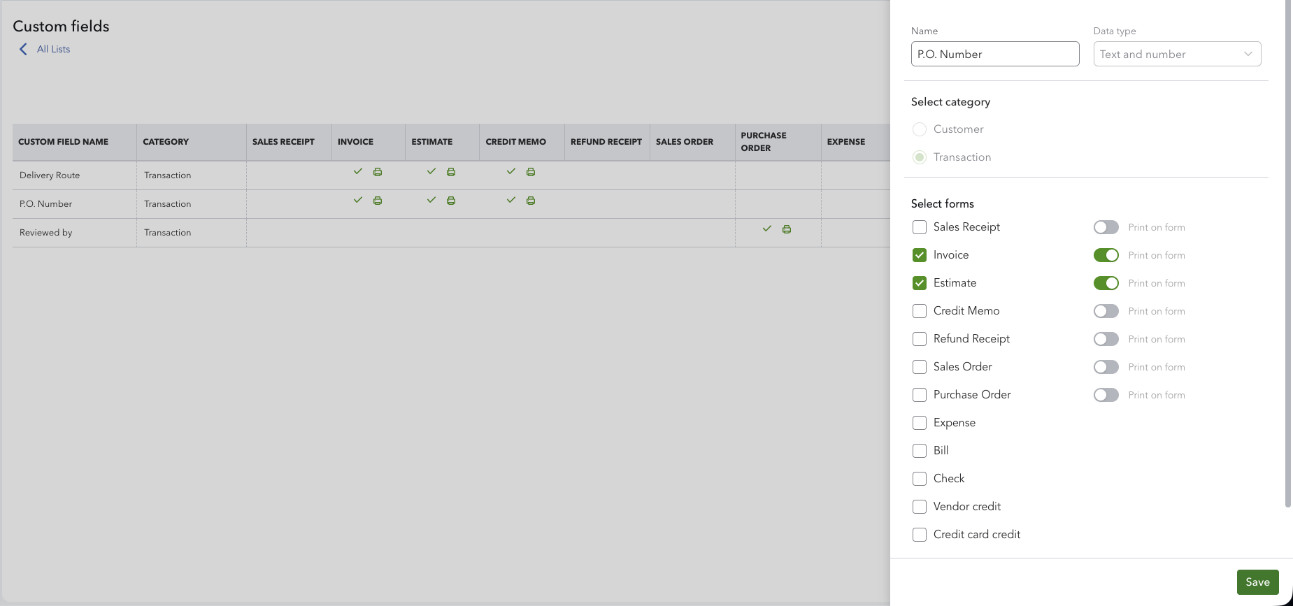 The Add custom field panel with a P.O. Number field set to print on invoices and estimates