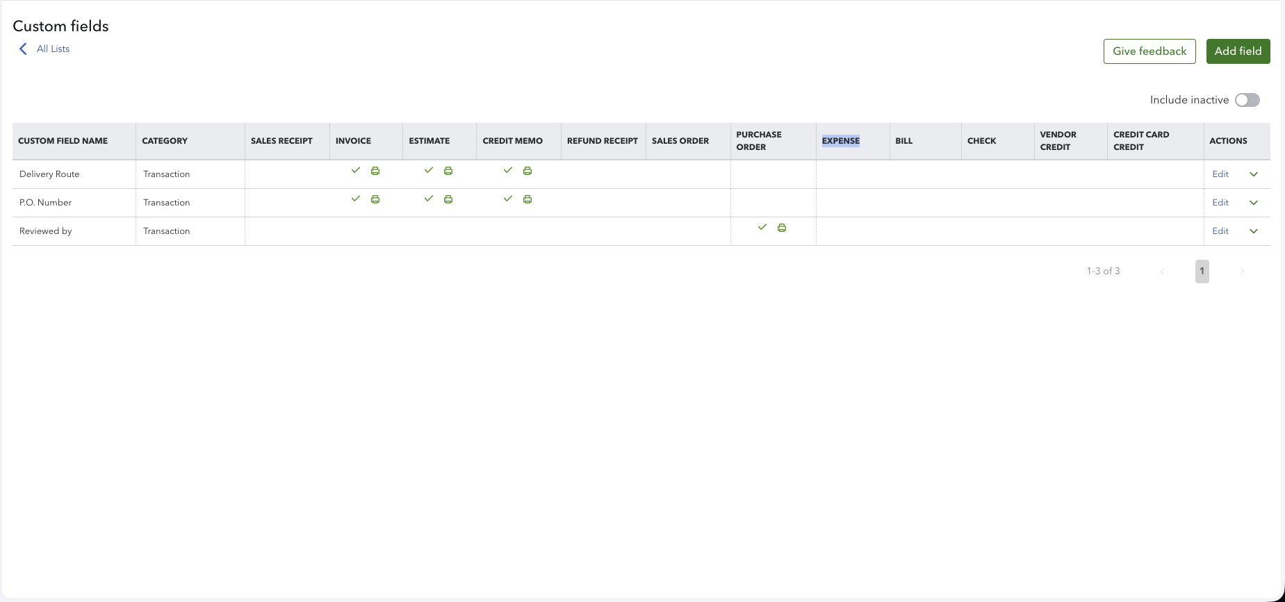 The Custom fields page in QuickBooks Online settings listing four active custom fields