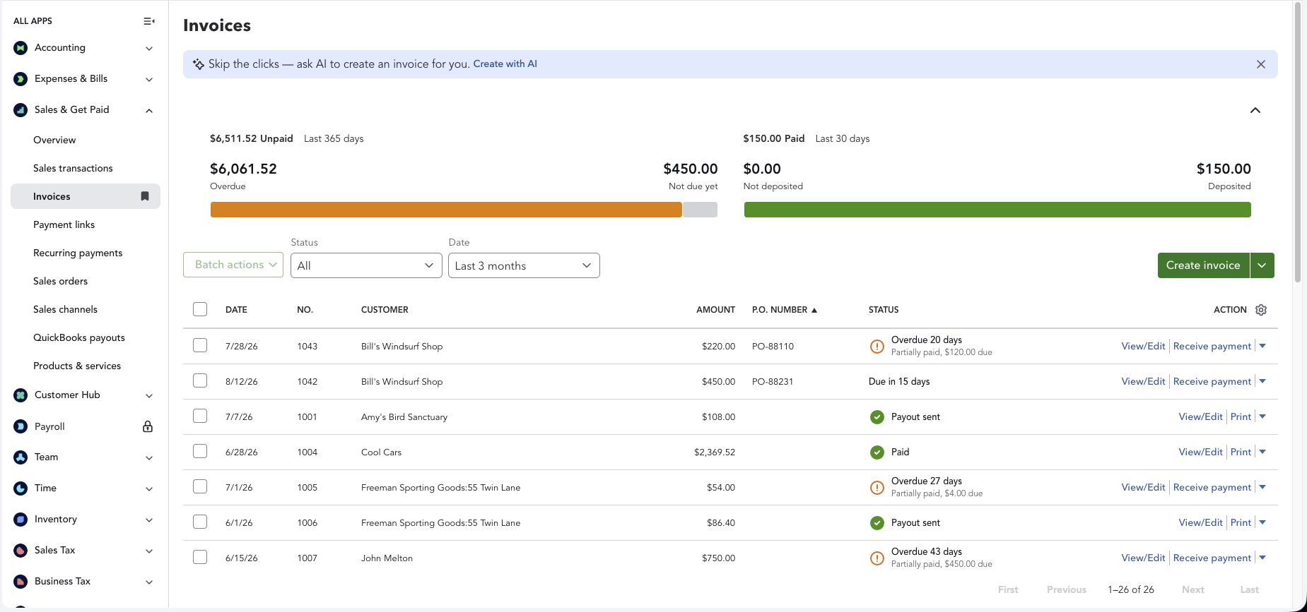 An invoice list in QuickBooks Online Advanced sorted by a custom field column