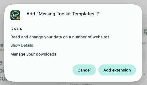 Chrome's confirmation dialog listing the extension's permissions with an Add extension button