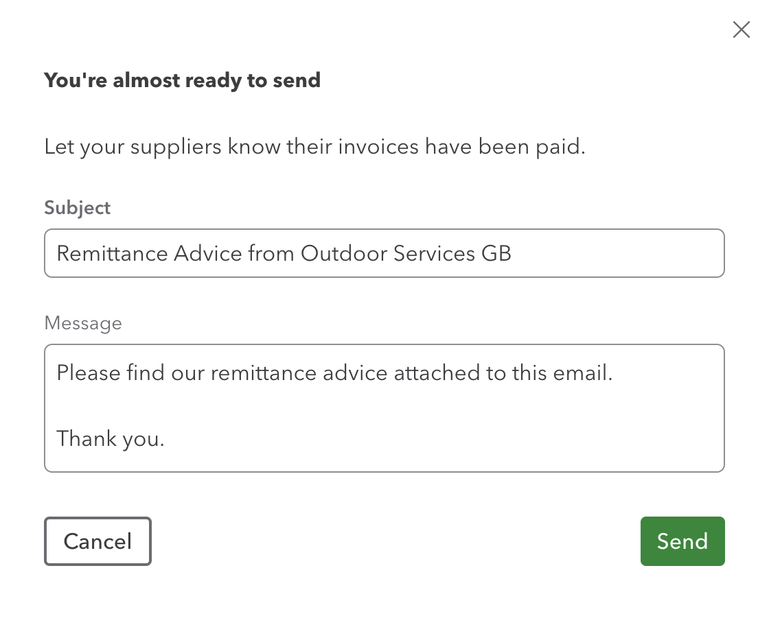 The Send remittance dialog in QuickBooks Online, with an editable subject and message