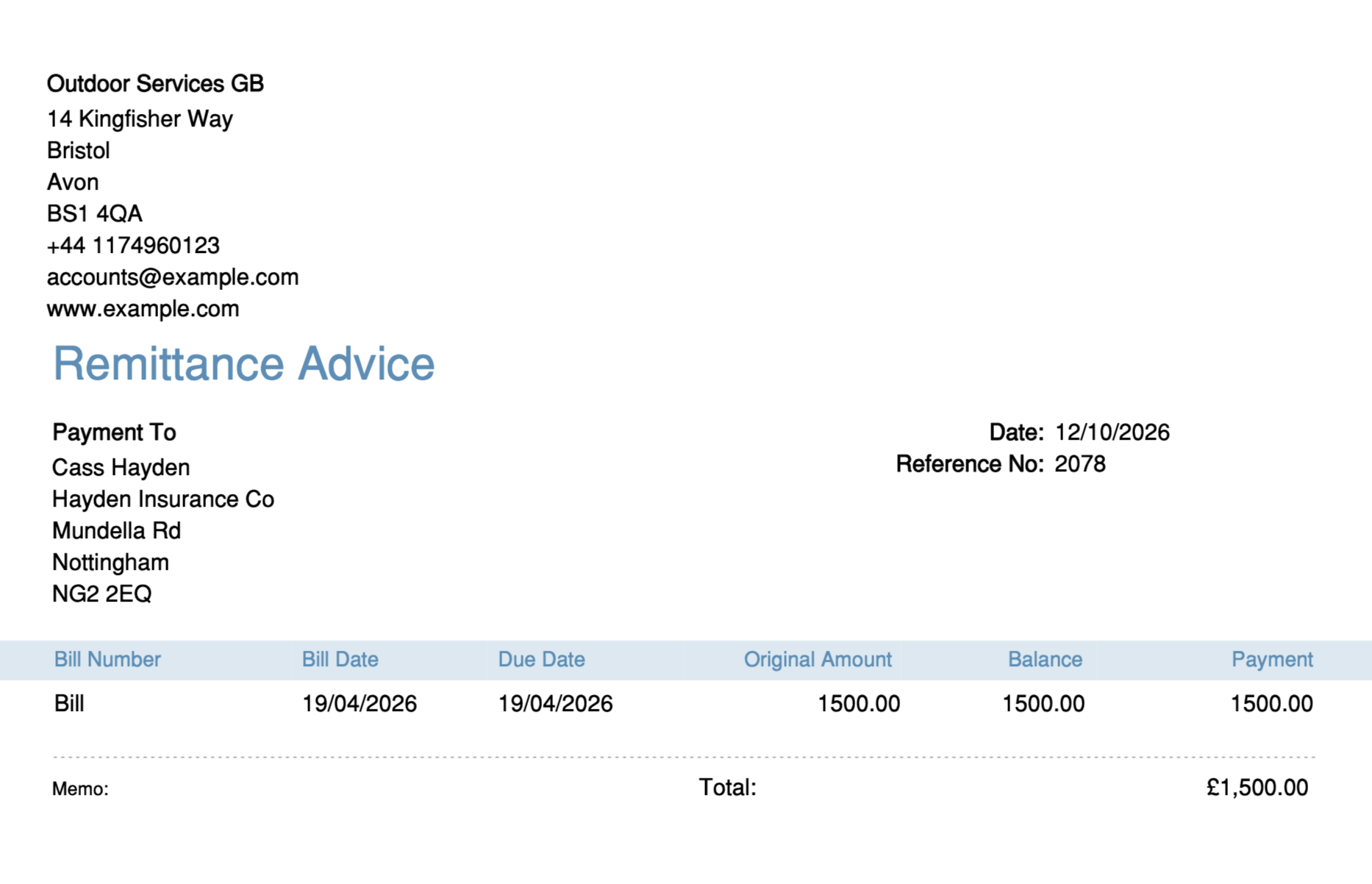 A QuickBooks Online remittance advice where the Bill Number column shows the word Bill instead of an invoice number