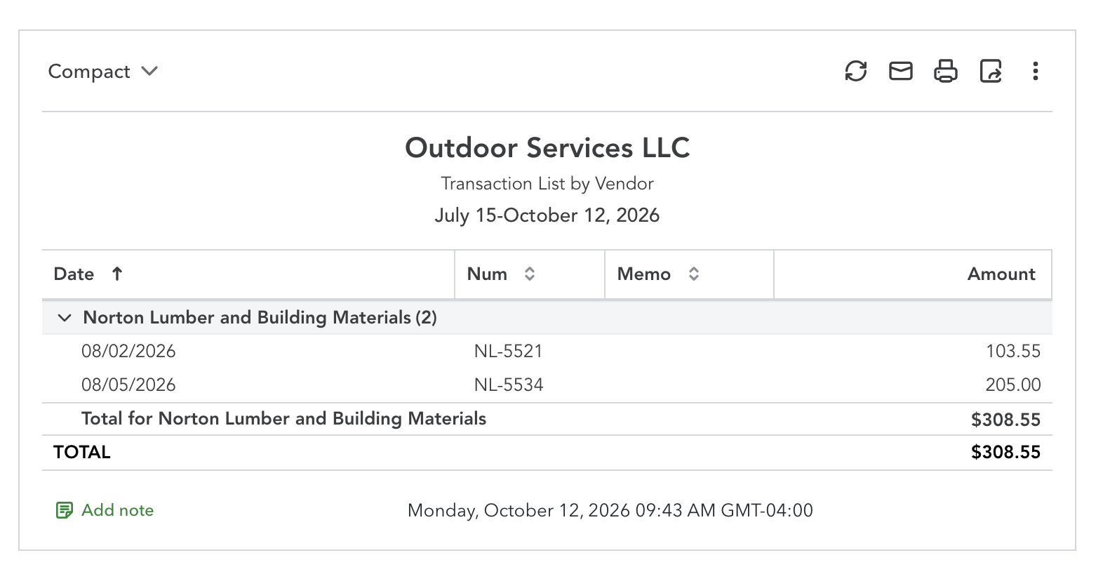 A Transaction List by Vendor report in QuickBooks Online customized to show the bills paid to one vendor