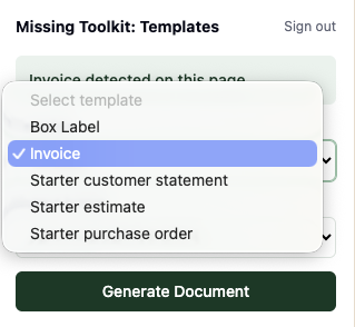 The Template dropdown in the extension popup with the Invoice template selected