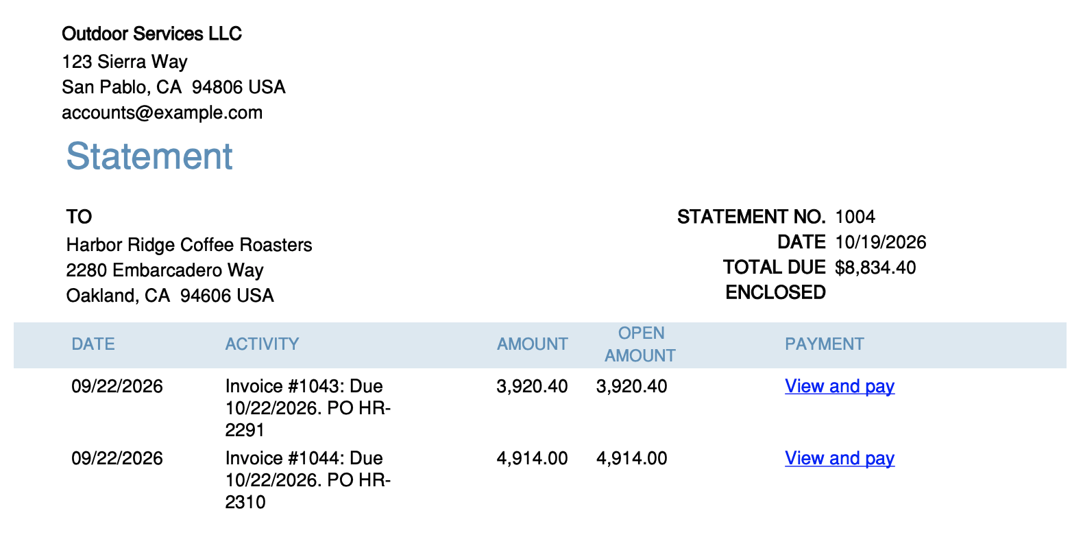 A QuickBooks Online customer statement where each invoice's PO number appears at the end of the Activity text, entered through the statement memo