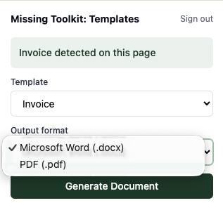The Output format dropdown offering Microsoft Word (.docx) and PDF (.pdf)