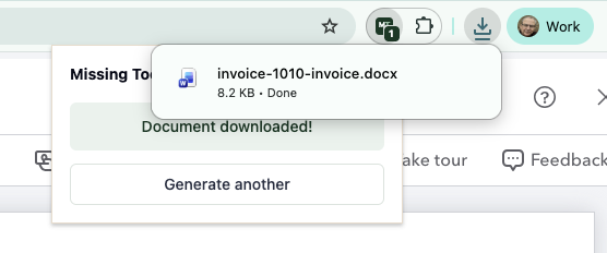 The extension popup showing Document downloaded! with Chrome's download bubble listing the new Word file