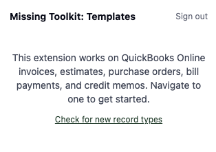 The extension popup explaining which QuickBooks Online records it works on, with a Check for new record types link