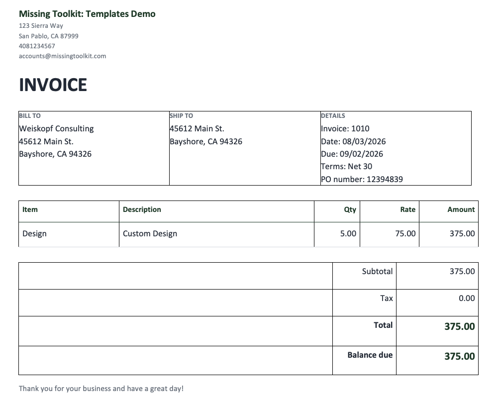 The generated invoice document with company details, bill-to and ship-to addresses, line items and totals