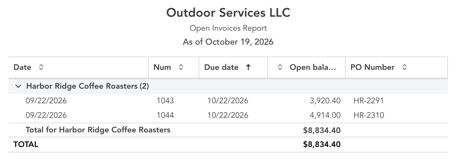 The Open Invoices report in QuickBooks Online filtered to one customer, with a PO Number custom field column