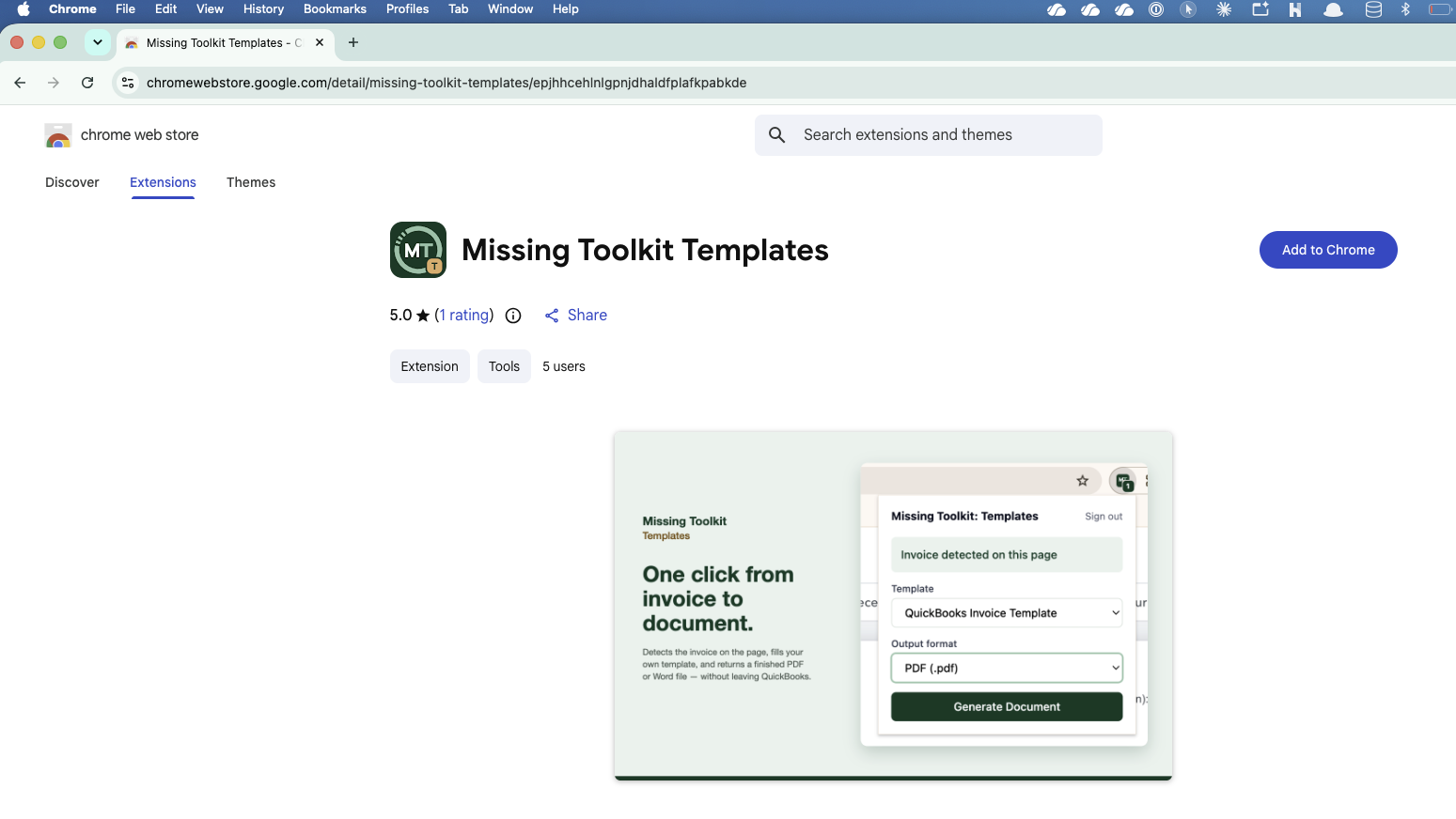 The Missing Toolkit Templates listing in the Chrome Web Store with the Add to Chrome button at the top right